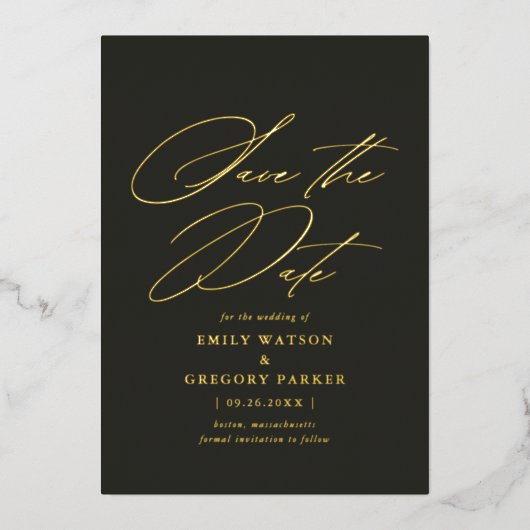 Moderne Minimale Kalligrafie-Hochzeit rettet das D Folieneinladung (Vorderseite)