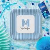 Moderne Minimale Küstenblaue Streifen Monogramm Pappteller (Party)