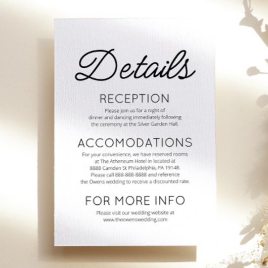 Moderne minimale Minimalistische Hochzeitdetails Begleitkarte