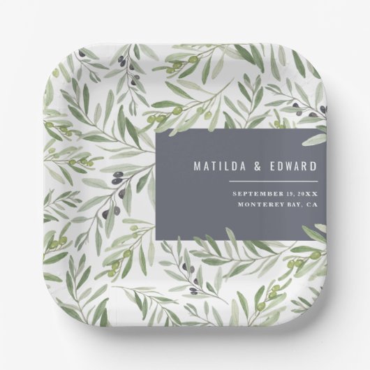 Moderne minimale Olivenzweig botanische Hochzeit Pappteller (Vorderseite)