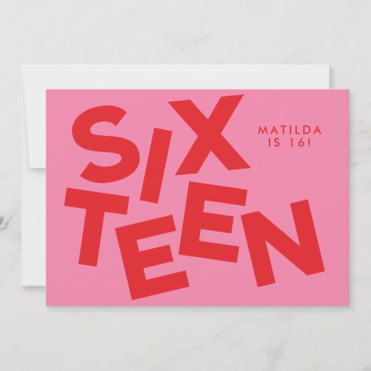 Moderne minimale rosa + rote Typografie 16. Geburt Einladung (Vorderseite)