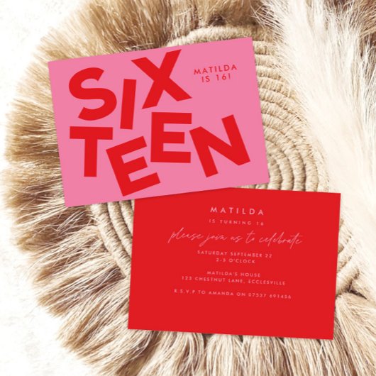 Moderne minimale rosa + rote Typografie 16. Geburt Einladung