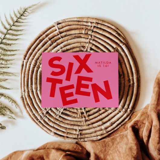 Moderne minimale rosa + rote Typografie 16. Geburt Einladung