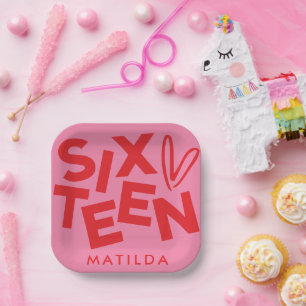 Moderne minimale rosa Typografie 16. Geburtstag Pappteller