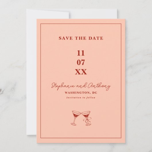 Moderne Minimale Rot- und Korallenwand-Hochzeit Save The Date (Vorderseite)