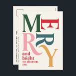 Moderne minimale schlicht bunte Weihnachtszeit Feiertagspostkarte<br><div class="desc">Budget Moderne minimale traditionelle Retro Vintage Grafik Typografie krummen fröhliche Weihnachtskarte. Teil einer kühnen Ferienkollektion.</div>