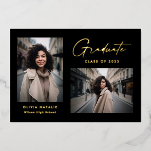 Moderne Minimale Schwarz-Gold-2-Foto-Abschlussfeie Folieneinladung