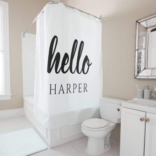 Moderne minimale Schwarz und Weiß Hallo und Sie ne Duschvorhang (Beispiel)