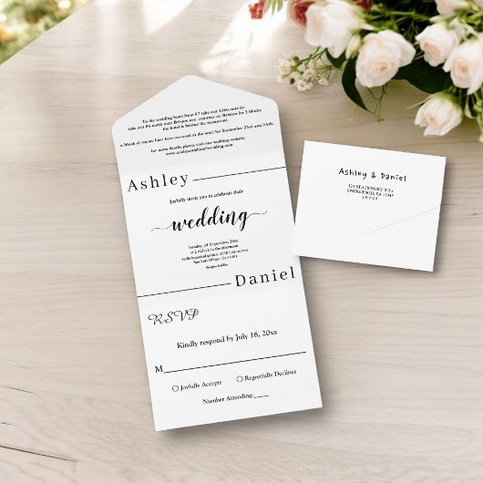 Moderne, minimale Schwarz-Weiß-Hochzeit All In One Einladung