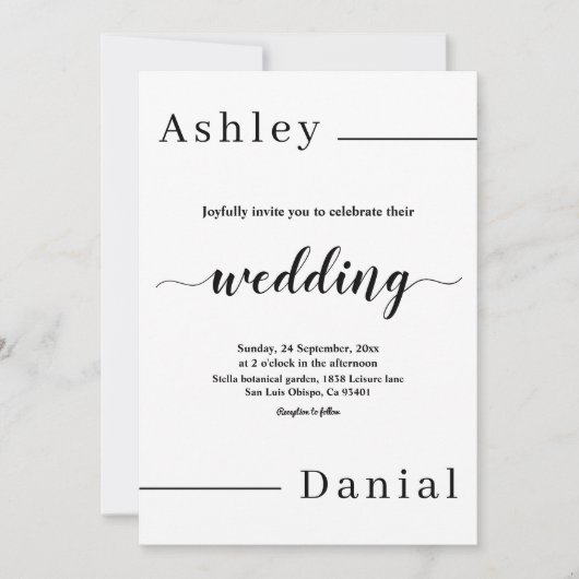 Moderne, minimale Schwarz-Weiß-Hochzeit Einladung (Vorderseite)