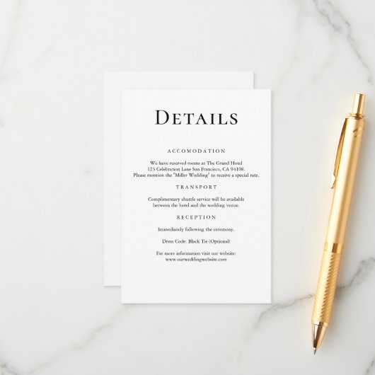 Moderne minimale Schwarz-Weiß-Hochzeitsdetails Begleitkarte (Vorderseite/Rückseite Beispiel)