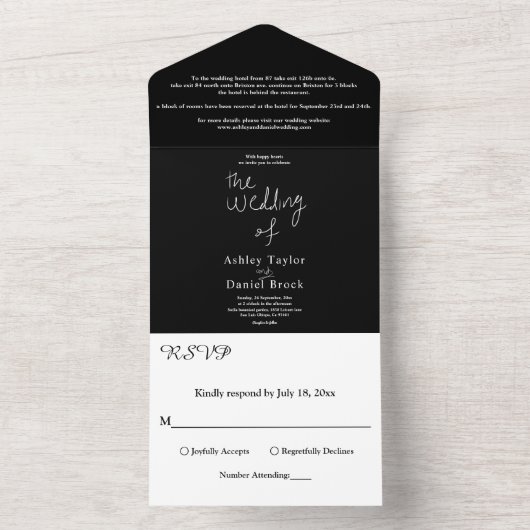 Moderne minimale Schwarz-Weiß-Kalligrafie-Hochzeit All In One Einladung (Innen Boden)