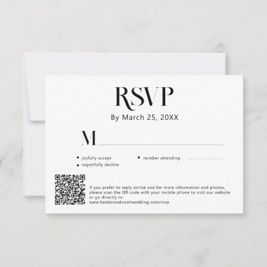 Moderne minimale Schwarz-Weiß-QR-Codehochzeit RSVP Karte (Vorderseite)