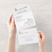 Moderne minimale Schwarz-weiße Skripthochzeit All In One Einladung (Abreißen)