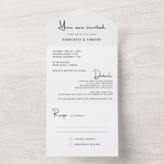 Moderne minimale Schwarz-weiße Skripthochzeit All In One Einladung (Innen Boden)