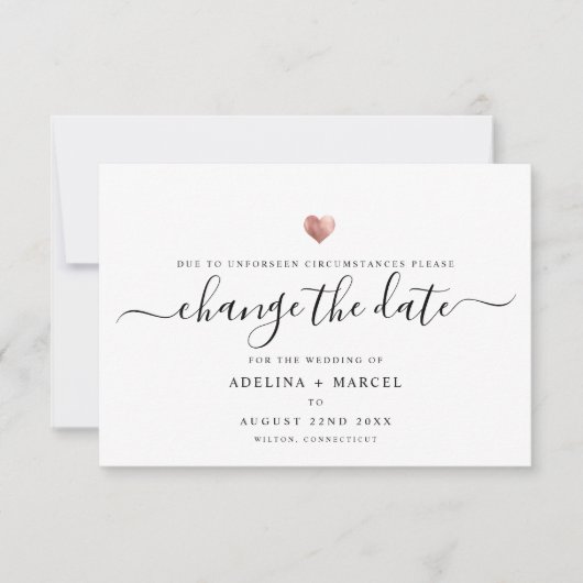 Moderne minimale Script-Rose Gold ÄNDERN DAS DATUM Save The Date (Vorderseite)