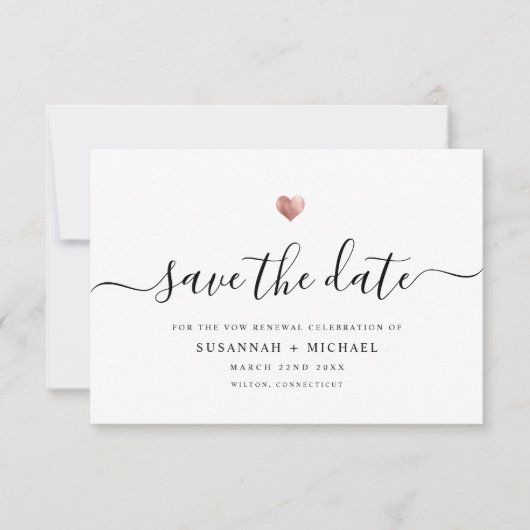 Moderne Minimale Script-Rose Gold Vow Erneuerung Save The Date (Vorderseite)