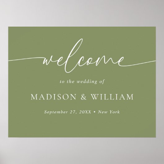 Moderne minimale Script Sage Green Wedding Willkom Poster (Vorne)