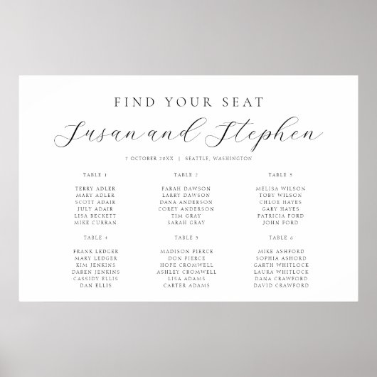 Moderne, minimale Sechs-Tisch-Seekarte Hochzeiten Poster (Vorne)