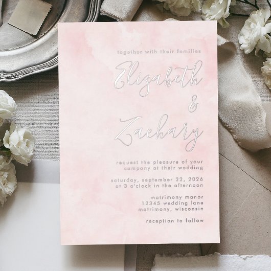 Moderne, minimale Silver Script Blush Pink Wedding Folieneinladung