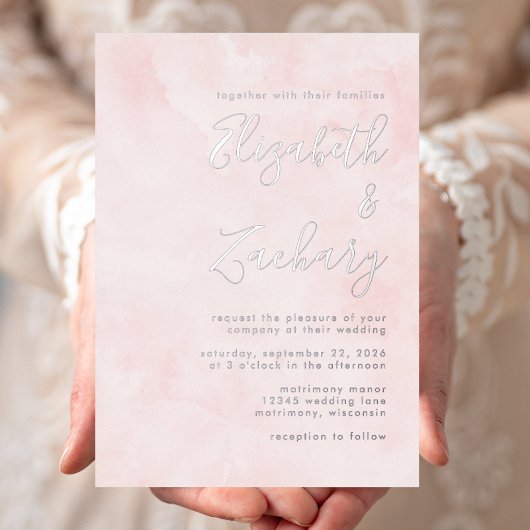 Moderne, minimale Silver Script Blush Pink Wedding Folieneinladung