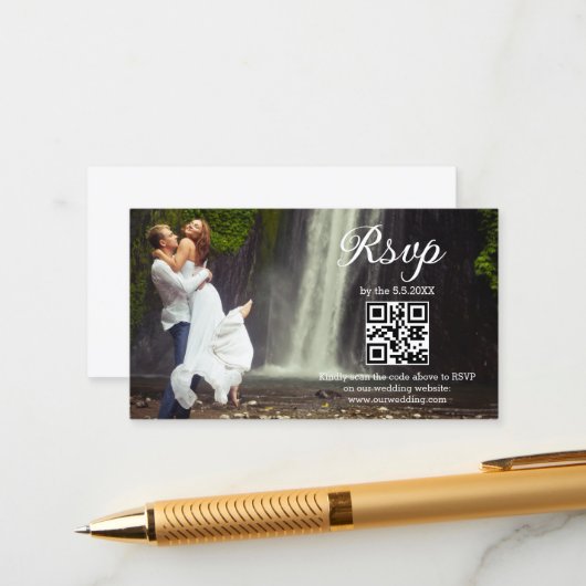 moderne minimale Skript-uAwg qr-Code Foto Hochzeit Begleitkarte (Vorderseite/Rückseite Beispiel)