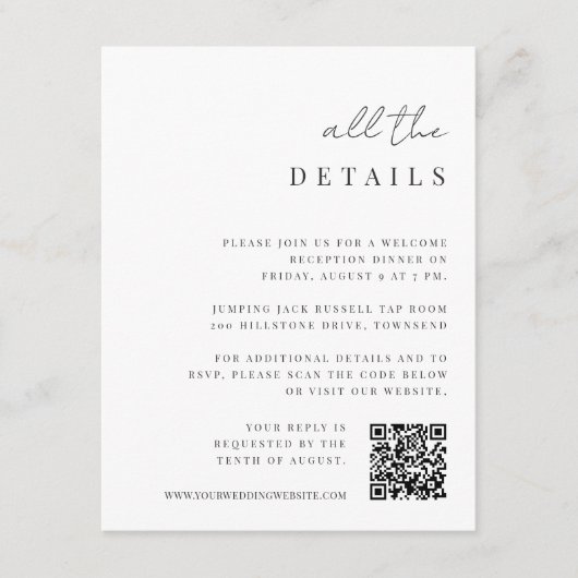 Moderne minimale Skripte All-in-One-Hochzeitdetail Begleitkarte (Vorderseite)