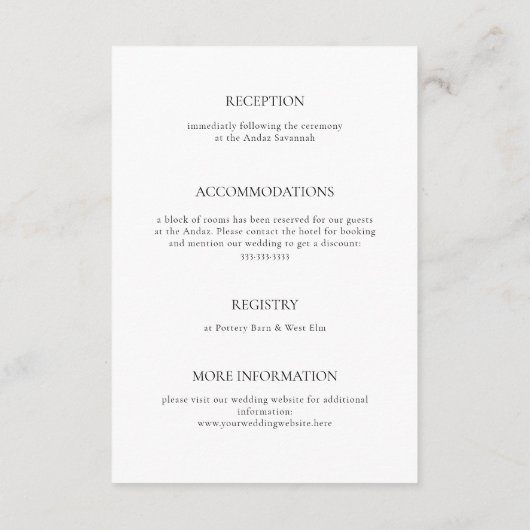 Moderne minimale Skriptkalligrafie-Hochzeitdetails Begleitkarte (Rückseite)