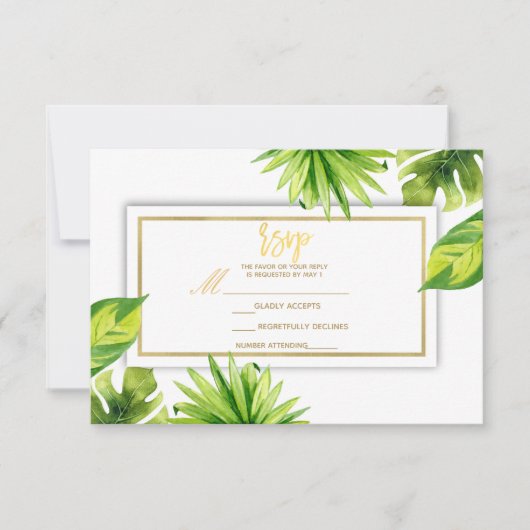 Moderne minimale tropische grüne Blätter Hochzeit RSVP Karte (Vorderseite)