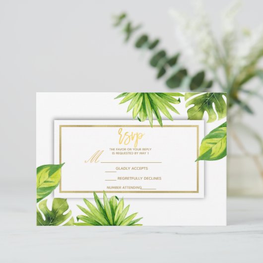 Moderne minimale tropische grüne Blätter Hochzeit RSVP Karte (Stehend Vorderseite)