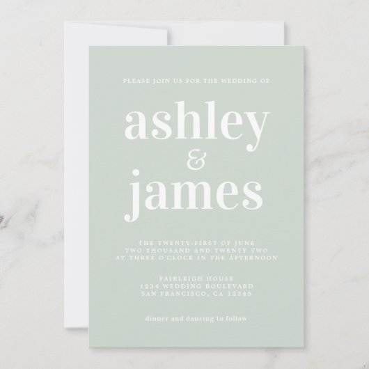 Moderne Minimale Typografie Pastel Green Wedding Einladung (Vorderseite)
