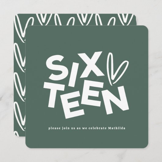Moderne minimale Weise grün Typografie 16. Geburts Einladung (Vorne/Hinten)