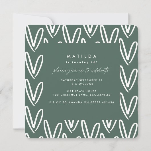 Moderne minimale Weise grün Typografie 16. Geburts Einladung (Rückseite)