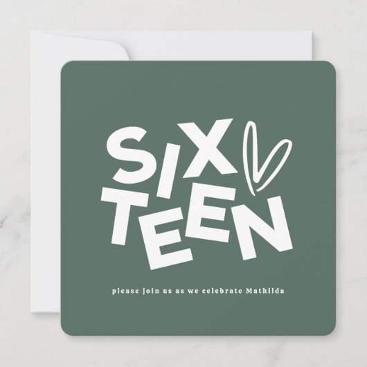 Moderne minimale Weise grün Typografie 16. Geburts Einladung (Vorderseite)