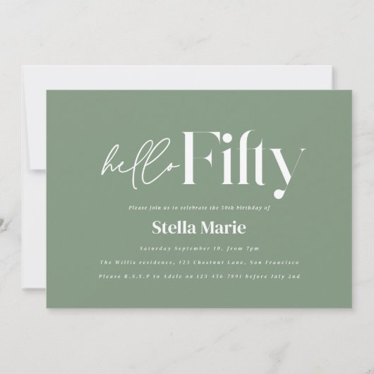 Moderne minimalgrün einfache 50. Geburtstag Einladung (Rückseite)
