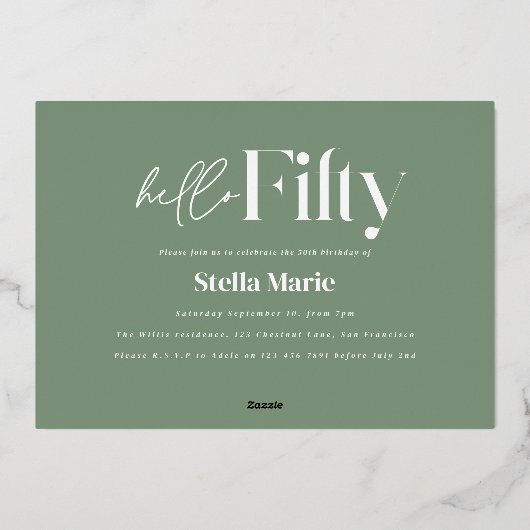 Moderne minimalgrün einfache 50. Geburtstag Folieneinladung (Rückseite)