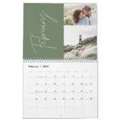 Moderne, minimalgrüne 2-Foto-Familie elegant Kalender (Feb 2026)