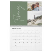 Moderne, minimalgrüne 2-Foto-Familie elegant Kalender (Feb 2027)