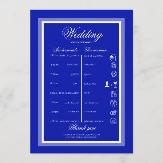 Moderne, minimalistisch-blaue und weiße Hochzeit Programm (Vorderseite)