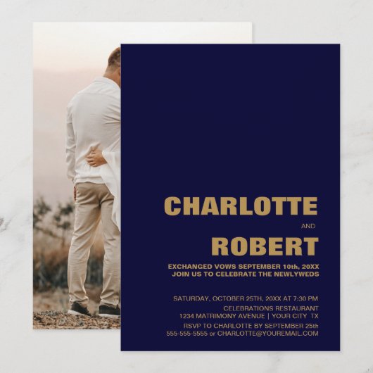 Moderne Minimalistisch Blue Gold Hochzeitsempfehlu Einladung (Vorne/Hinten)