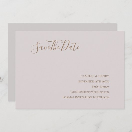 Moderne Minimalistisch Blush-Gold-Hochzeit Save th Save The Date (Vorne/Hinten)