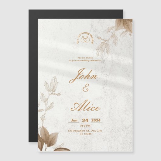 Moderne Minimalistisch-braune Blumenhochzeit Magneteinladung (Vorne/Hinten)