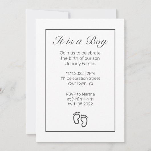 Moderne Minimalistisch Feet Baby Boy Birth Celebra Einladung (Vorderseite)