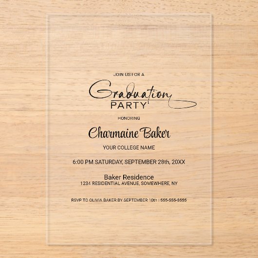 Moderne Minimalistisch Graduierungspartei Acryleinladungen (Vorderseite)