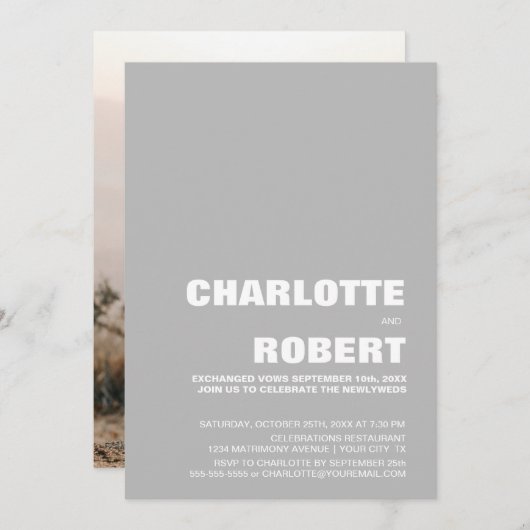 Moderne Minimalistisch-graue Hochzeitsempfehlung Einladung (Vorne/Hinten)