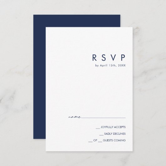 Moderne Minimalistisch Navy Blue RSVP Karte (Vorne/Hinten)
