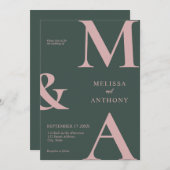 Moderne Minimalistisch-rosa-grüne Hochzeit Einladung (Vorne/Hinten)