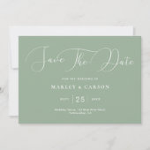 Moderne Minimalistisch Sage Green Script Hochzeit Save The Date (Vorderseite)