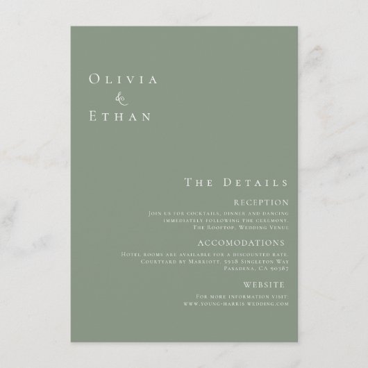 Moderne Minimalistisch Sage Green Wedding Details Begleitkarte (Vorderseite)