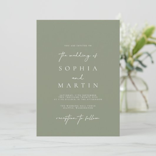 Moderne Minimalistisch Sage Green Wedding Einladun Einladung (Stehend Vorderseite)